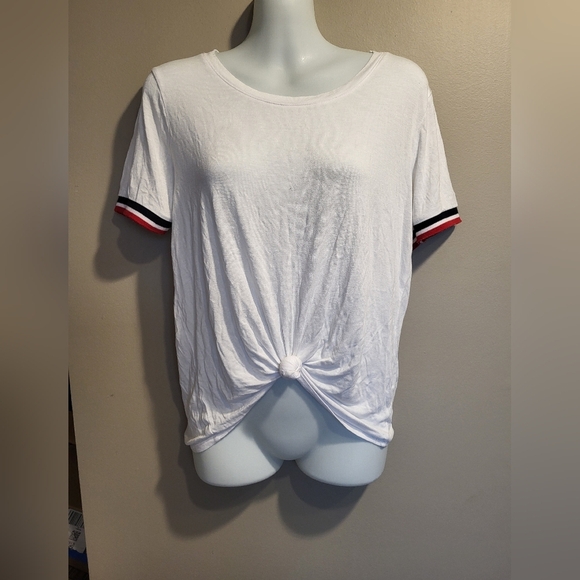 Tresics White Knotted Tee with Striped Sleeves, Size Medium - Picture 1 of 4